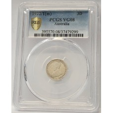 AUSTRALIA 1922/1 . THREEPENCE . VARIETY . OVERDATE . PCGS VG08